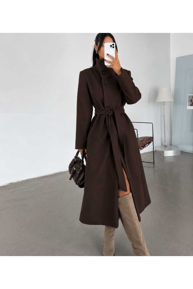 Women's Long Coat with a Mock Neck, Buttons, Lined Body, and Belted Design