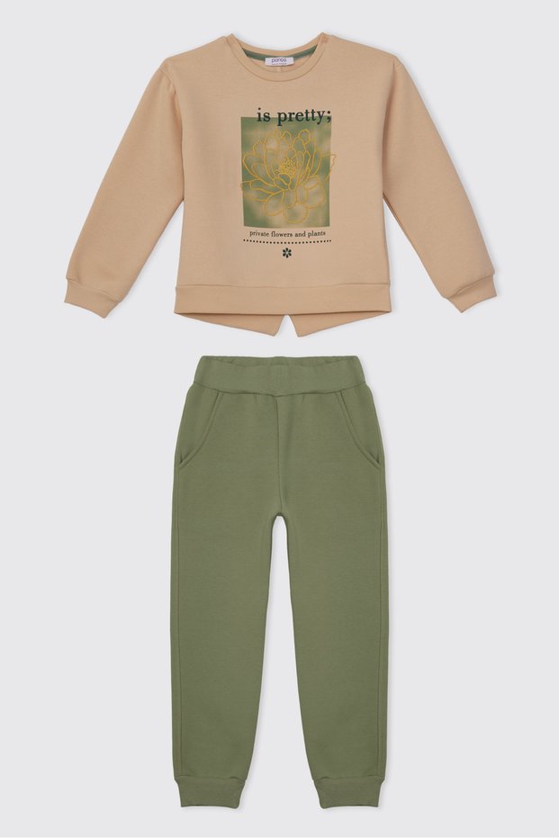 Girls' "Çağla 2" Brushed Inside Top and Bottom Set, 2-Piece Set