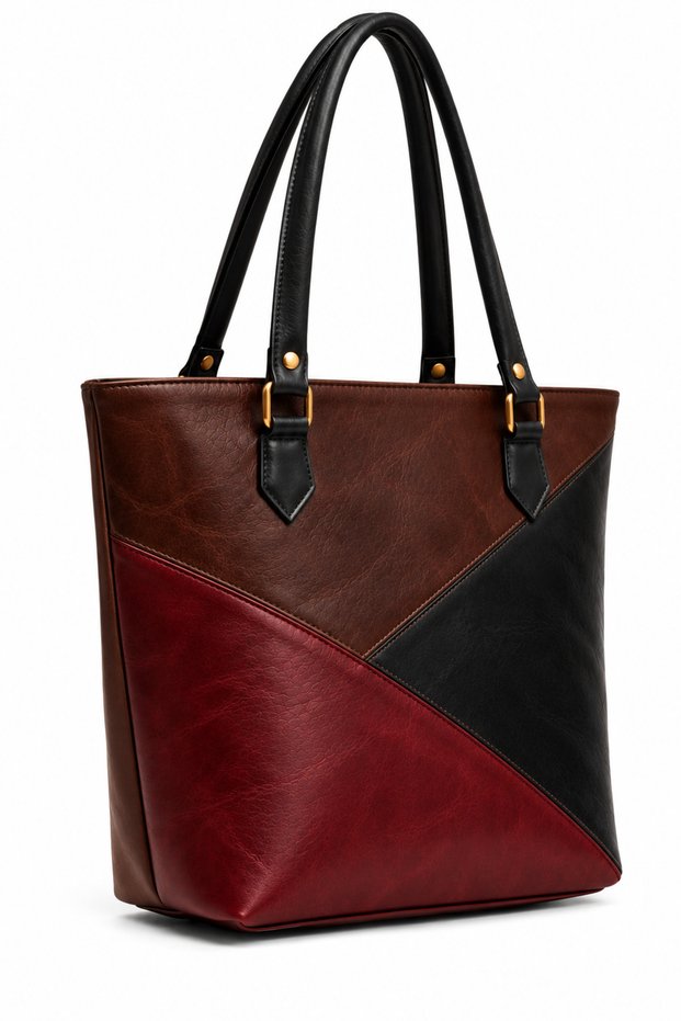 Women's Genuine Leather Bag – Black, Dark Brown, and Burgundy Patchwork Shoulder Bag