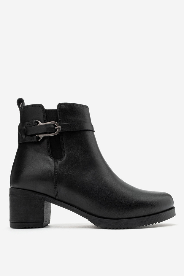 Women's Comfort Heeled Zip-Up Buckled Casual Boots, Genuine Leather, ODILE BLACK