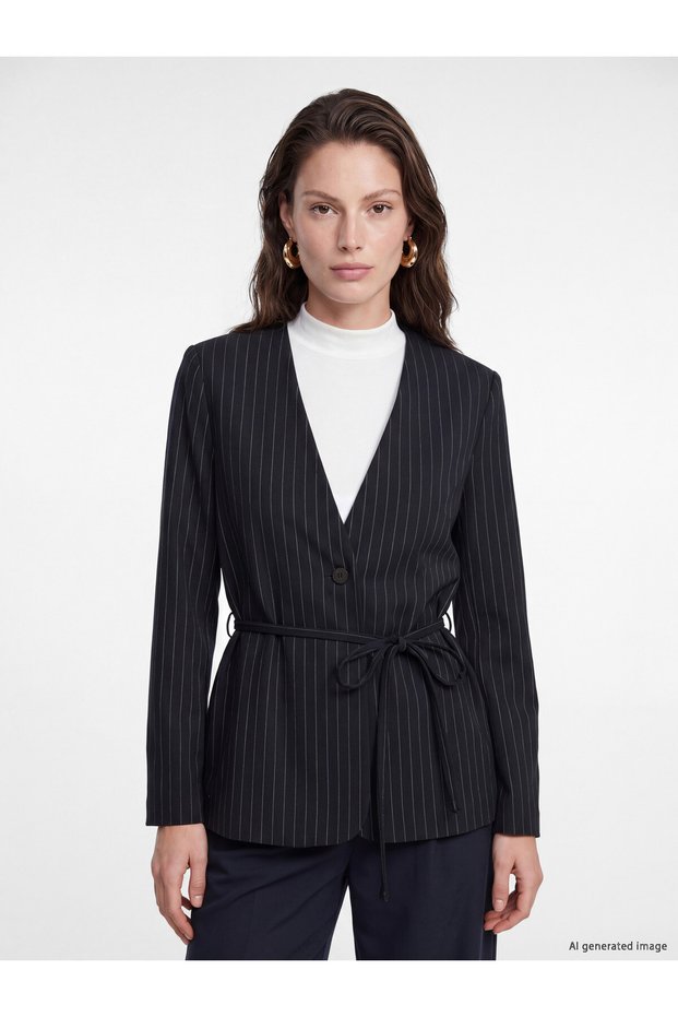 Peak New Season Navy Blue Double-Breasted Striped Women's Blazer Jacket.