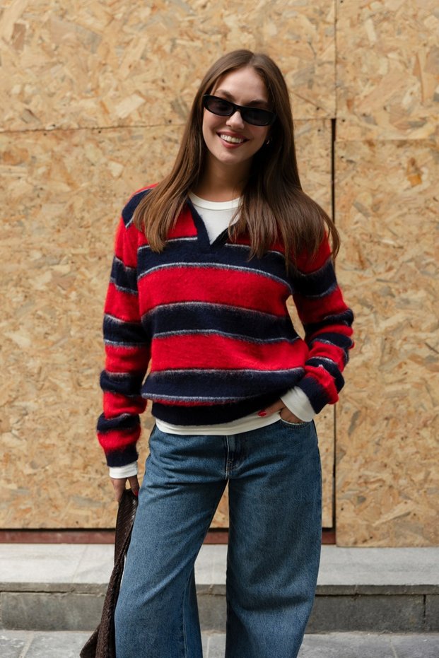 Red and Navy Striped Polo Collar Sweater with Brushed Inside Hem - 261174