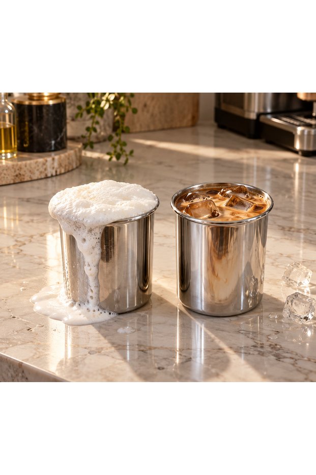 Set of 2 Silver Metal Glasses | Shiny Stainless Steel-Look Handle-Less Water and Beverage Glasses
