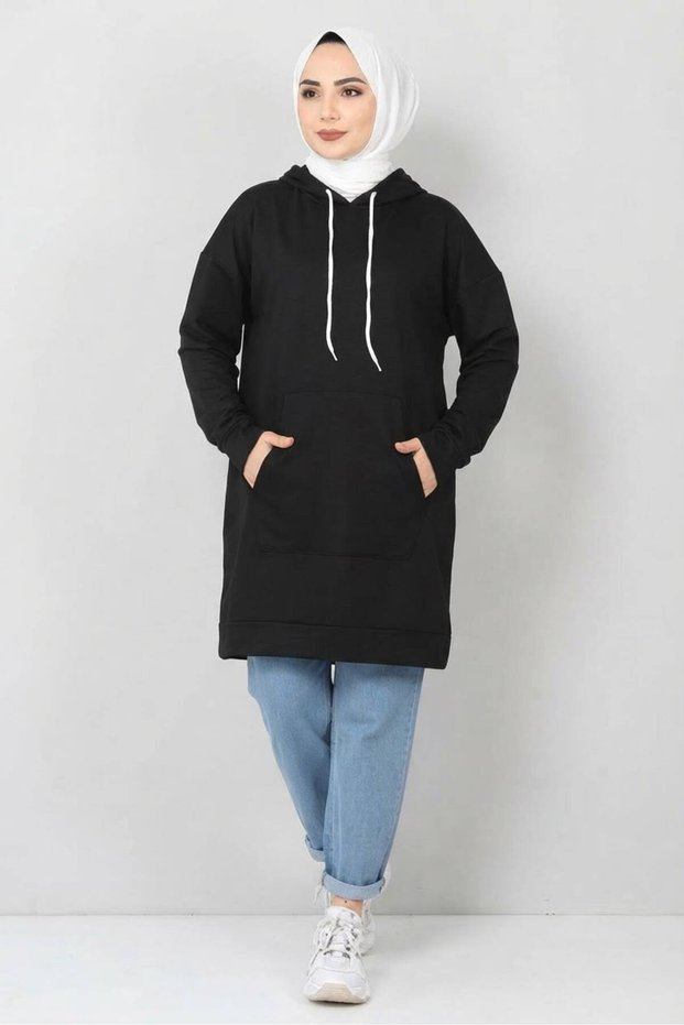 Women's Black Long-Sleeved, Brushed Inside, 90 cm Oversized Tunic with Hood and Kangaroo Pocket 🖤✨