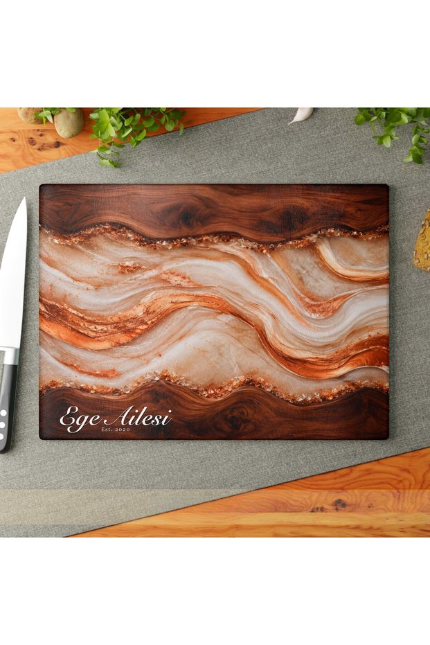 Copper-Pink Agate-Patterned Glass Cutting Board, 30x40 cm, Tempered, Non-Slip, with Legs, Serving Board