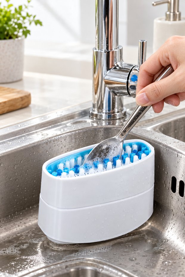 Set of 3 Sink-Side Dishwashing Brushes – Compact Design with Suction Cup Base, Reversible Stiff-Bristle Head, Sink Brush, Cutlery Brush