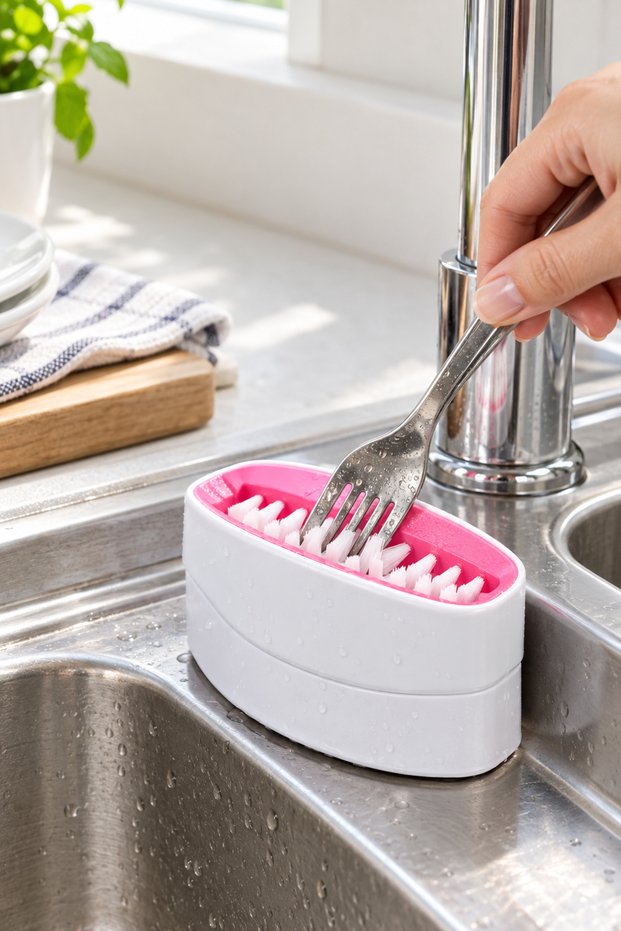 2-Pack Sink-Side Dishwashing Brushes – Compact Design with Suction Cup Base, Reversible Stiff-Bristle Head, Sink Brush, Cutlery Brush