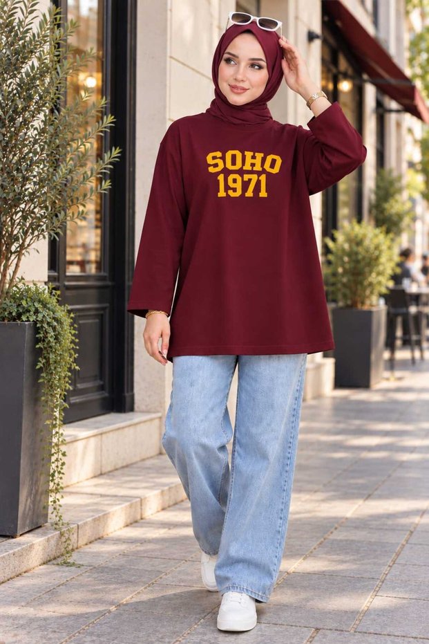 Women's Modest Oversized Printed Tunic—Navy Blue with Yellow Lettering, Long-Sleeved, Loose-Fitting Sweatshirt