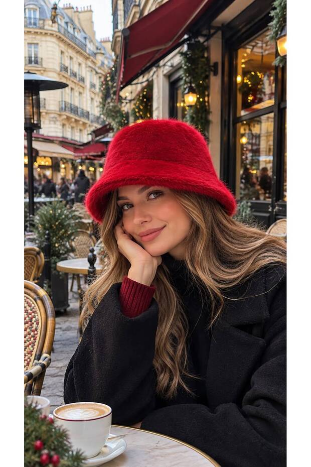 Red Premium Soft-Textured Plush Bucket Hat for Women