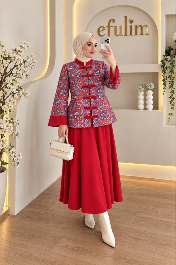 Women's SCARLET Puff-Sleeve Sandy-Print Button-Up Mock Neck Jacket and Flared Skirt Two-Piece Set