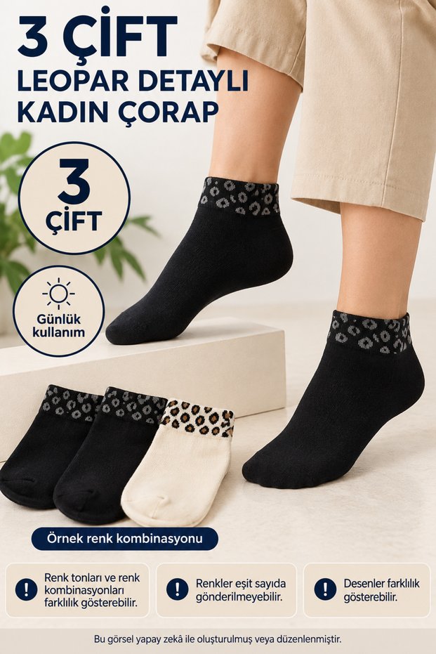 3 Pairs of Women's Socks with Leopard Print – Assorted Colors, for Everyday Use