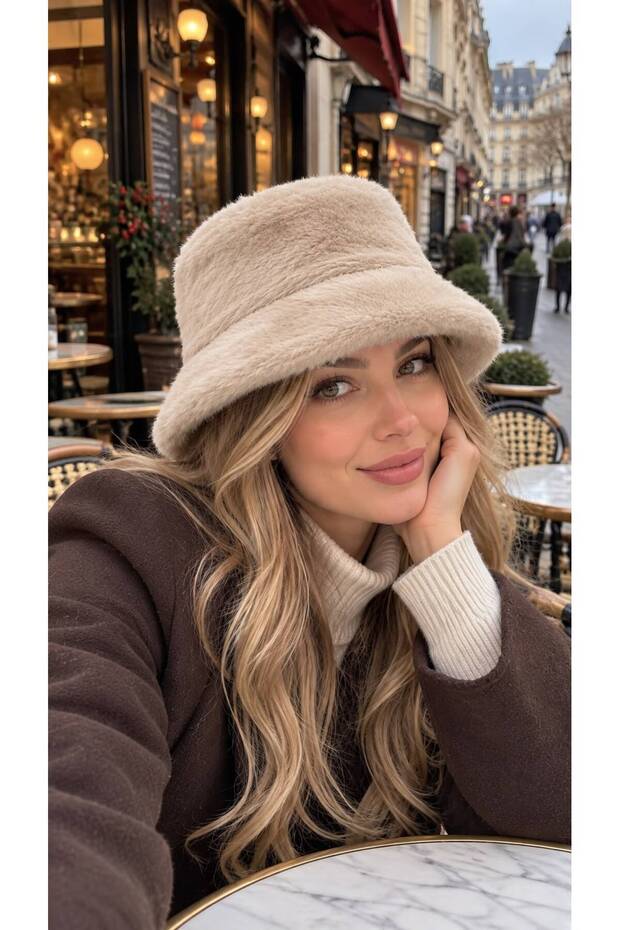Beige Premium Soft-Textured Plush Bucket Hat for Women