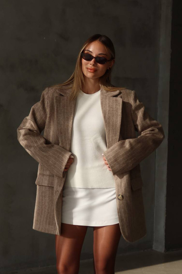 Beige Striped Oversized Melton Blazer Jacket