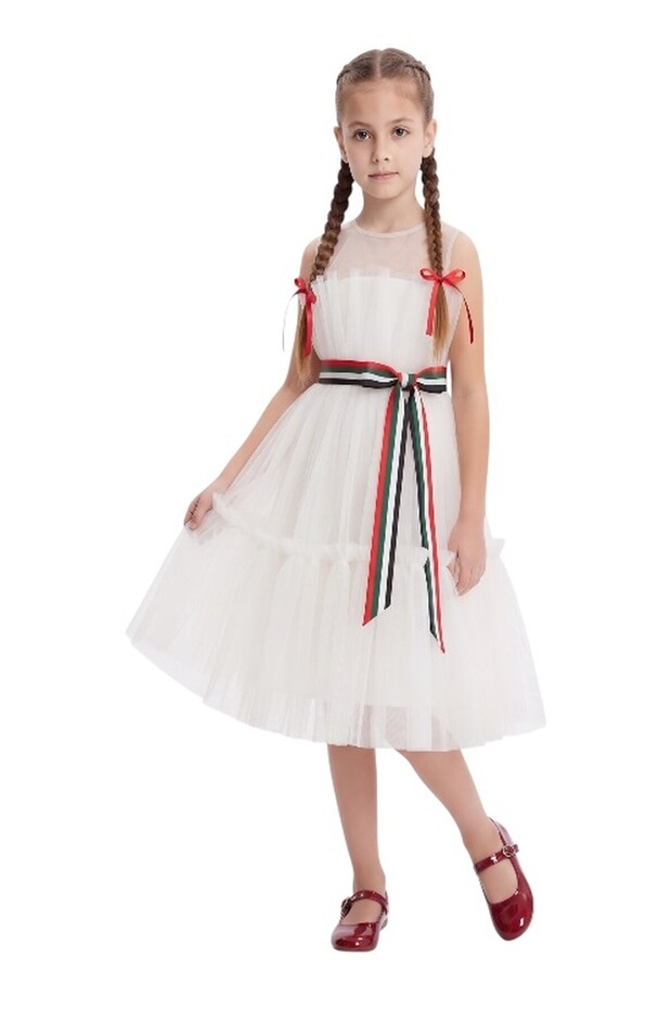2-in-1 Girls UAE National Day Swiss Dot Maxi Dress with Detachable Flag Sash Belt – White