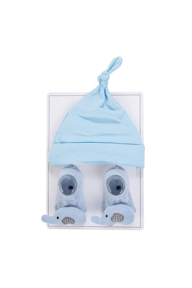Little Champ Baby Knot Hat & Elephant Blue Socks Set - Light Blue