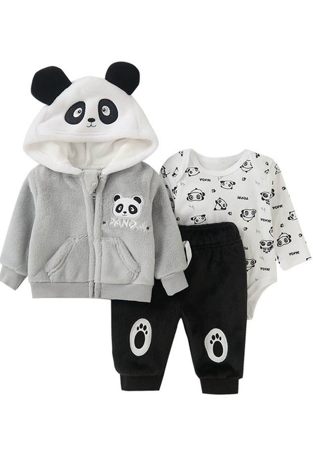 Baby Panda Winter Hooded Outfit Set with Jacket, Bodysuit & Pants – 3-Piece Plush Toddler Clothing S