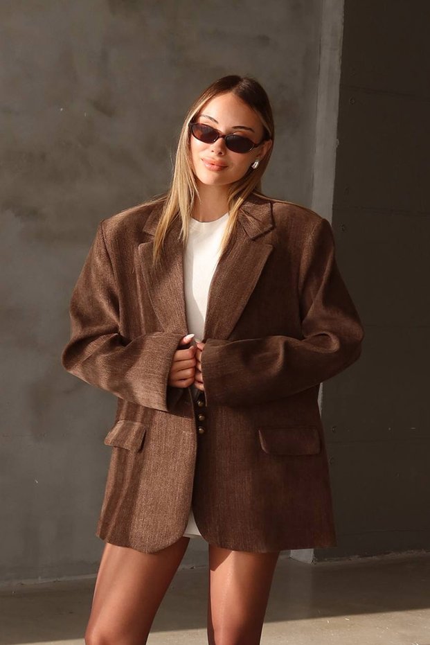Taupe Color Oversized Chenille Velvet Blazer with Padded Shoulders