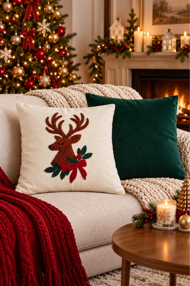 New Year's Themed Punch Embroidered 2-Piece Throw Pillow Cover Set | Zippered 42X42 cm | Modern Sofa Throw Pillow, Christmas Patterned, Decorative