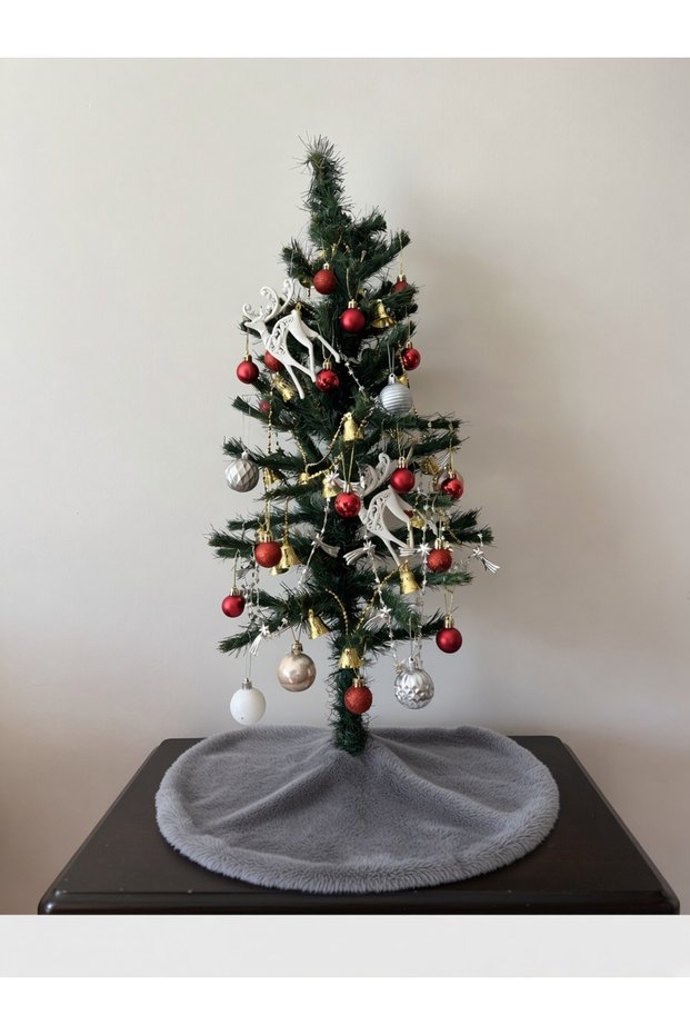 Plush Christmas Tree Skirt, 50 cm Mini Plush Christmas Tree Skirt, Christmas Tree Rug, Light Gray, 50 cm in Diameter