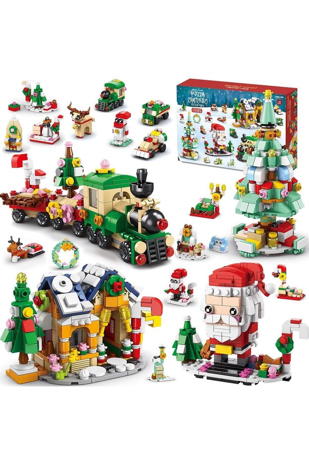 2026 Christmas Building Blocks For Kids,24 Days Countdown Calendars Blind Box-24PC Mini Building Blocks- 6 In 1 Christmas Santa Tree Train House Block Toy Set for 8-12 Kids Gifts
