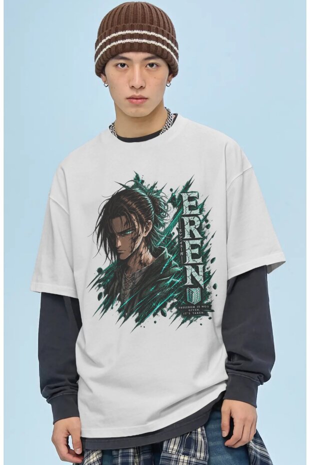 Unisex Oversized Premium T-Shirt with Eren Yeager "Attack on Titan" Anime Character Print on the Front