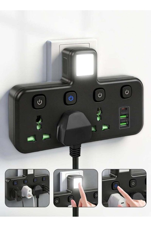 Multi Plug Extension Socket Adapter with Night Light, Universal Extension Power Adapter With