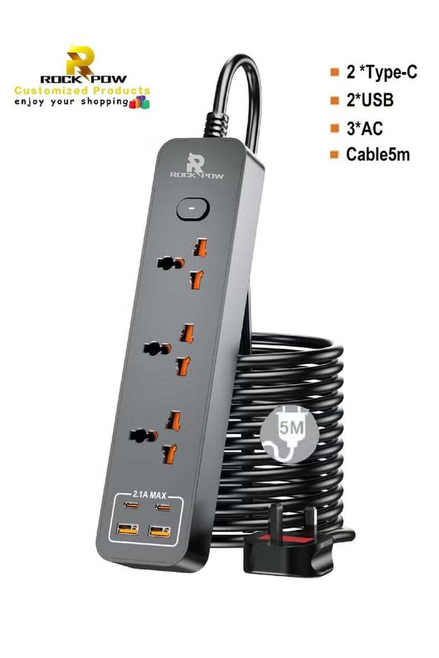 5 meters Universal Extension Lead with Multiple Function UK Plug 3 Pin Socket Outlet with 3