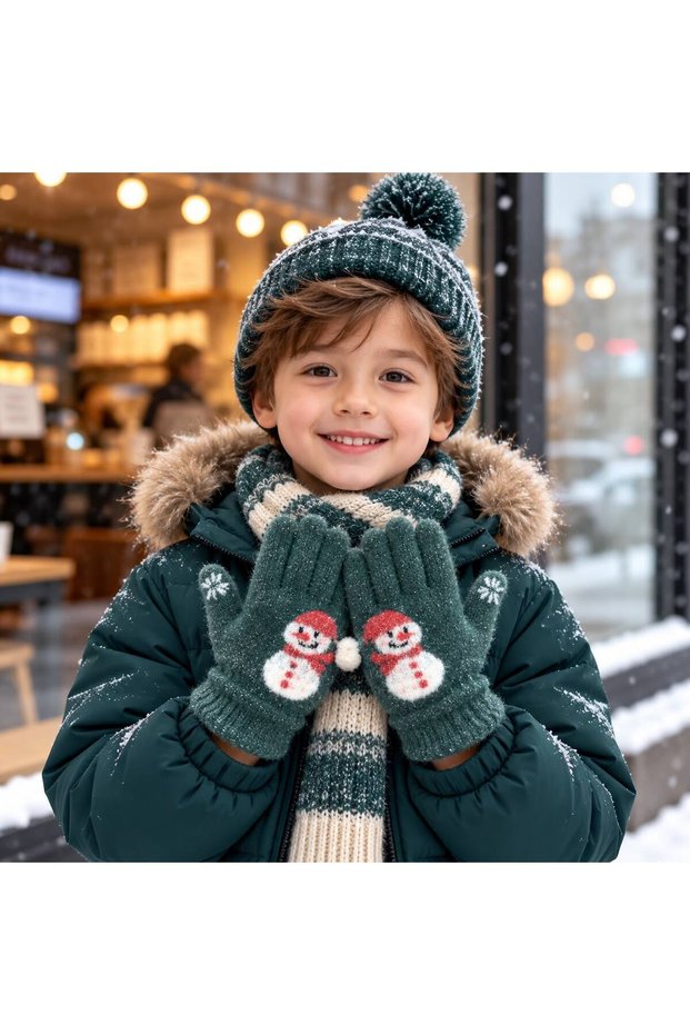Angora STRETCHY, CUTE, SNOWMAN-THEMED, COMFORTABLE CHILDREN'S WINTER GLOVES (SUITABLE FOR AGES 3–12)