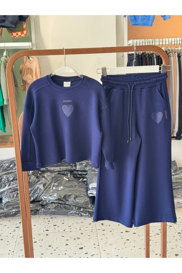 Girls' Navy Blue Sweatshirt with Crew Neck and Wide-Leg Palazzo Sweatsuit Set