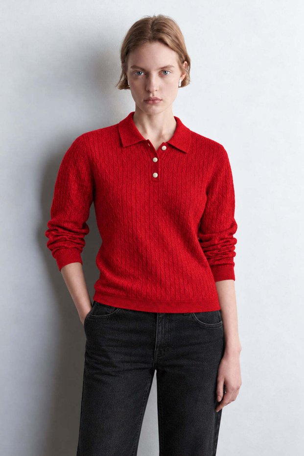 Women's Red Knitted Polo Collar Sweater Made of Lambswool