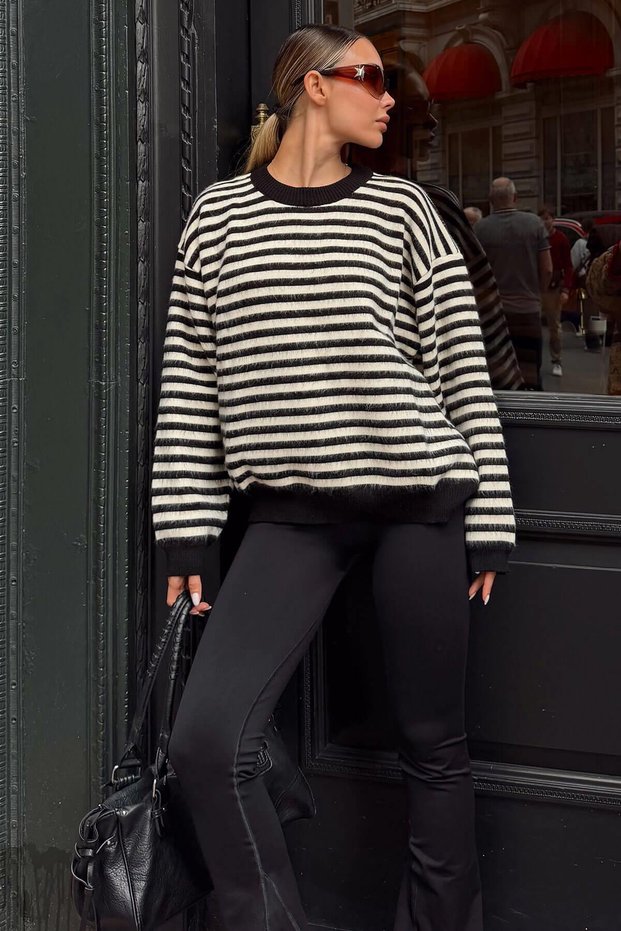 Black Ellen Striped Crew Neck Women's Knit Sweater