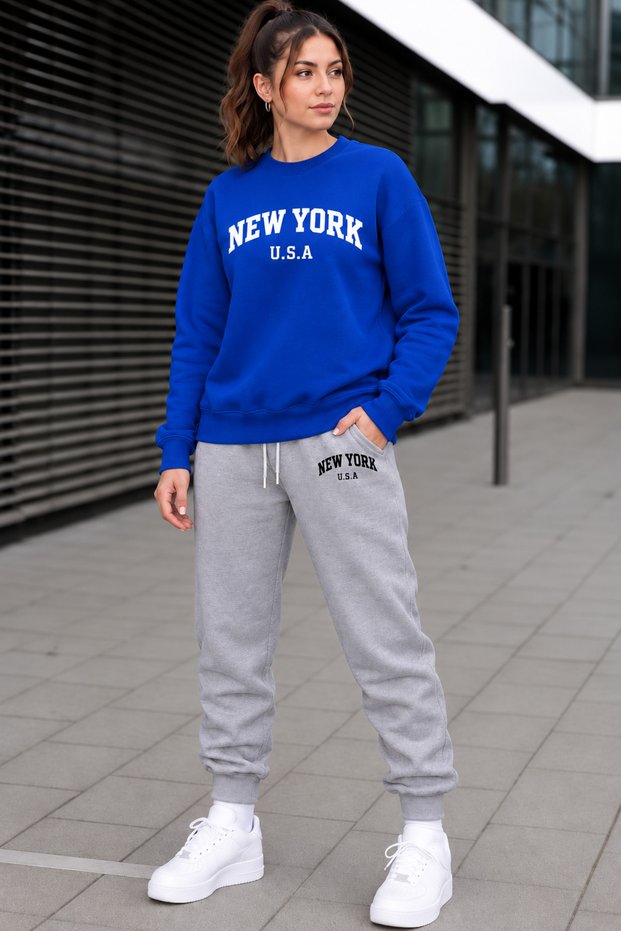 ZERO-NECK BRUSHED INSIDE TRACKSUIT, SEASONAL, WITH "NEW YORK, U.S.A." PRINT, WOMEN'S / MEN'S UNISEX STYLE