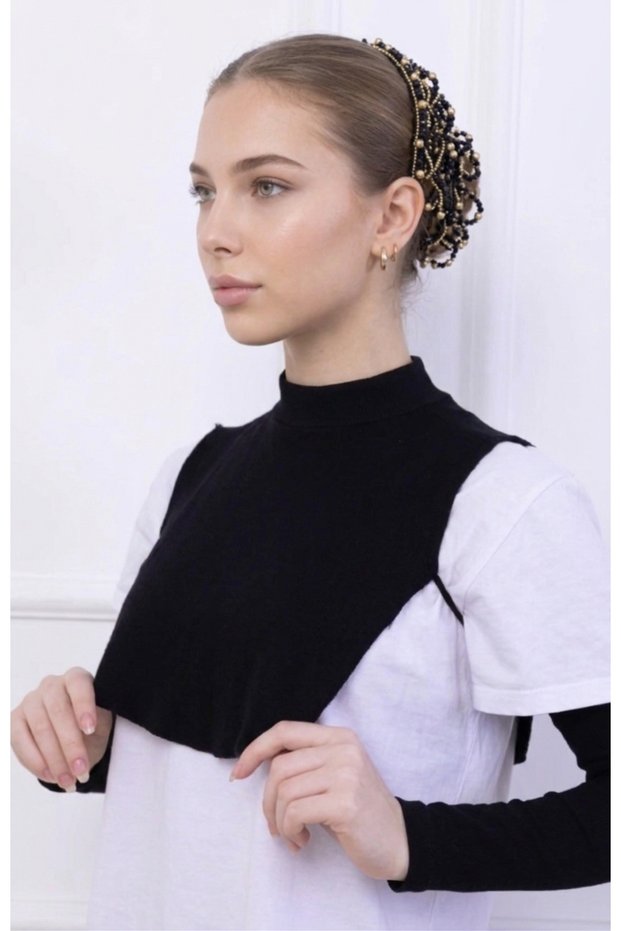 Turtleneck Neck Collar Black - Women's Hijab with Stand Collar Combed Cotton Half Body Viscose Hijab
