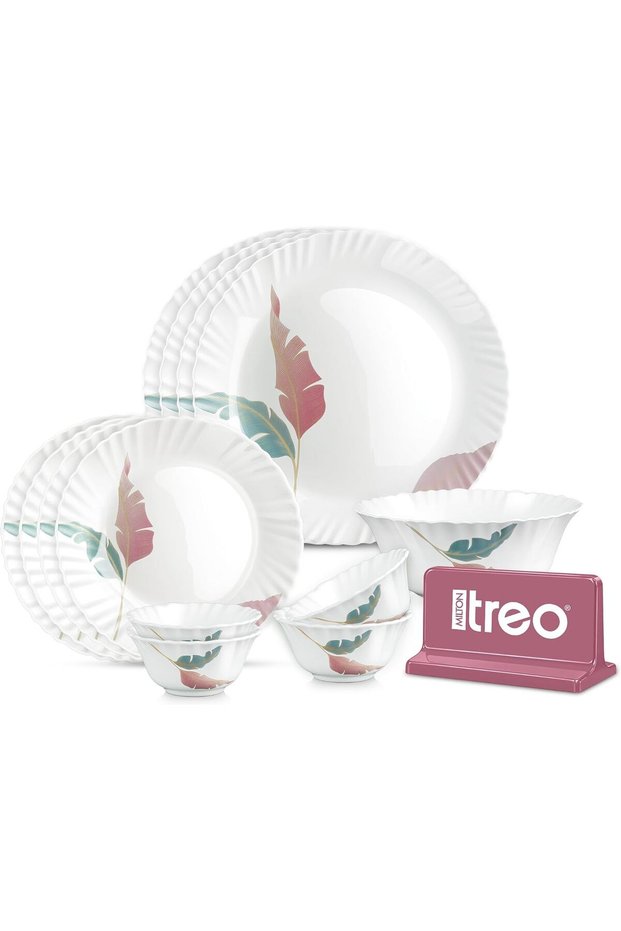 by Milton Opalware Aurelia Palma Dinner Set of 13 | Serving for 4 | Microwave & Dishwasher Safe