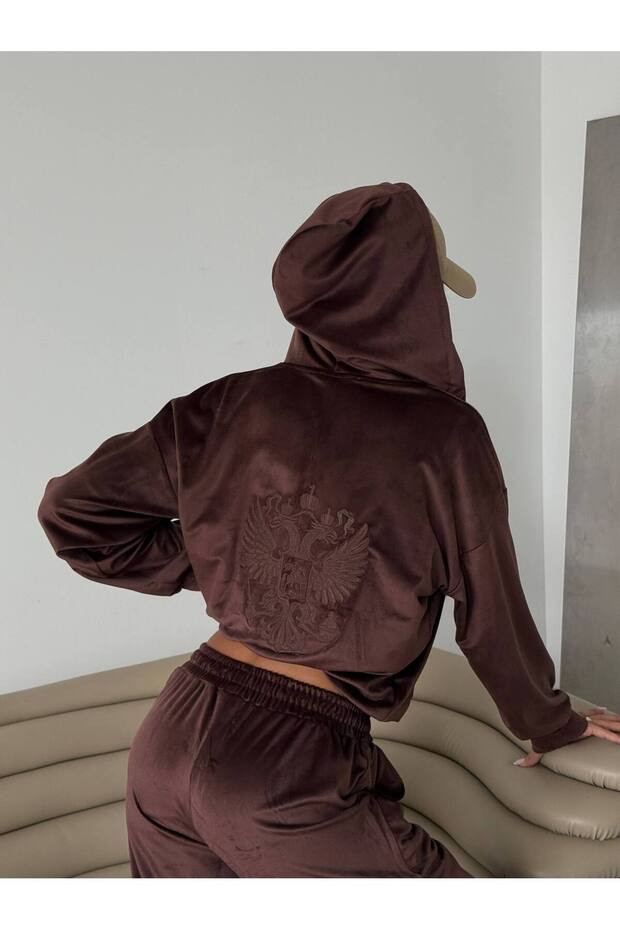TREND SPECIAL DESIGN EMBROIDERED DETAILS HOODED ZIPPERED CARDIGAN - WIDE-LEG BELOW-THE-KNEES VELVET-TIMED SWEATSUIT SET
