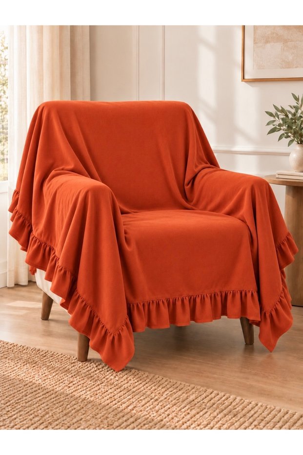 Ruffled, Carefree Armchair Cover—Terracotta Color