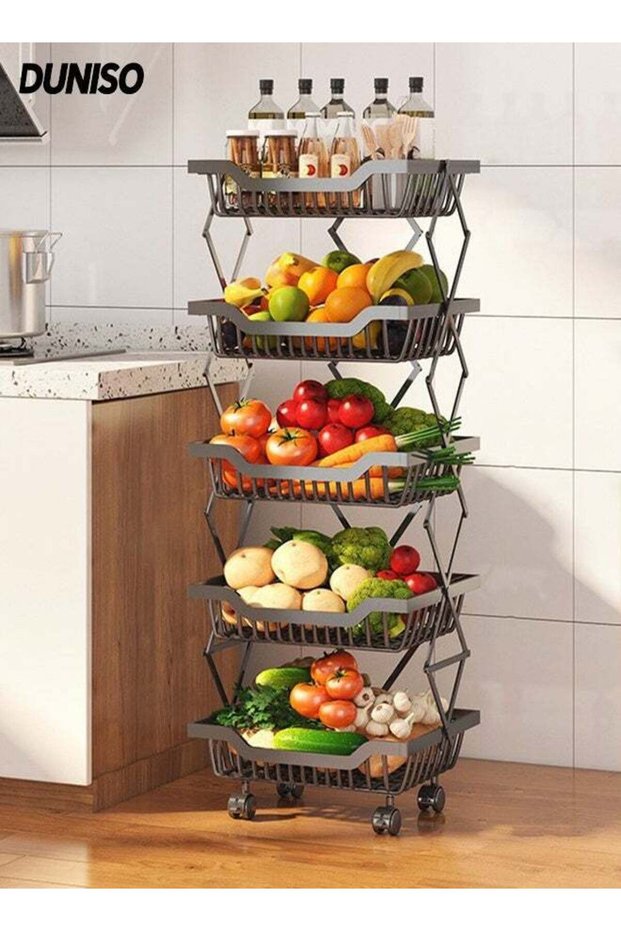DUNISO 5-Tier Large Capacity Metal Wire Fruit And Vegetable Storage Basket with Wheels,Foldable