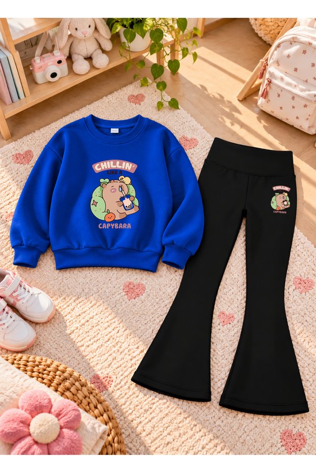 Girls' Flared Leggings Set with Crew Neck Printed Sweatshirt—3-Ply Brushed Inside Winter Cotton Set