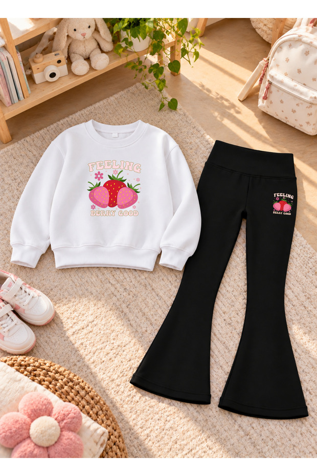 Girls' Flared Leggings Set with Printed Crew Neck Sweatshirt—3-Ply Brushed Inside Winter Cotton Set