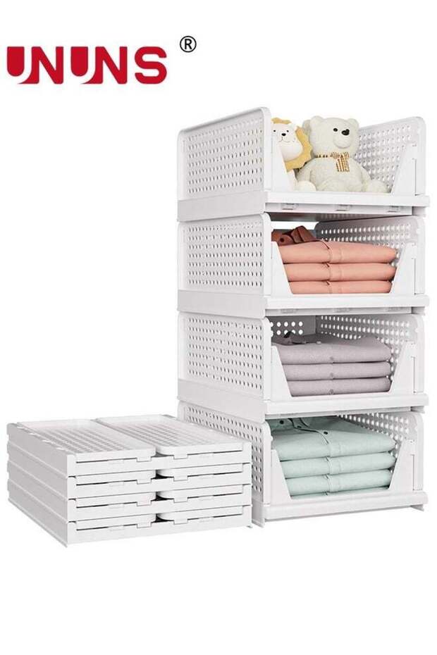 UNUNS Stackable Plastic Storage Basket,4 Pack Large Foldable Closet Organizer,Stackable Drawer For