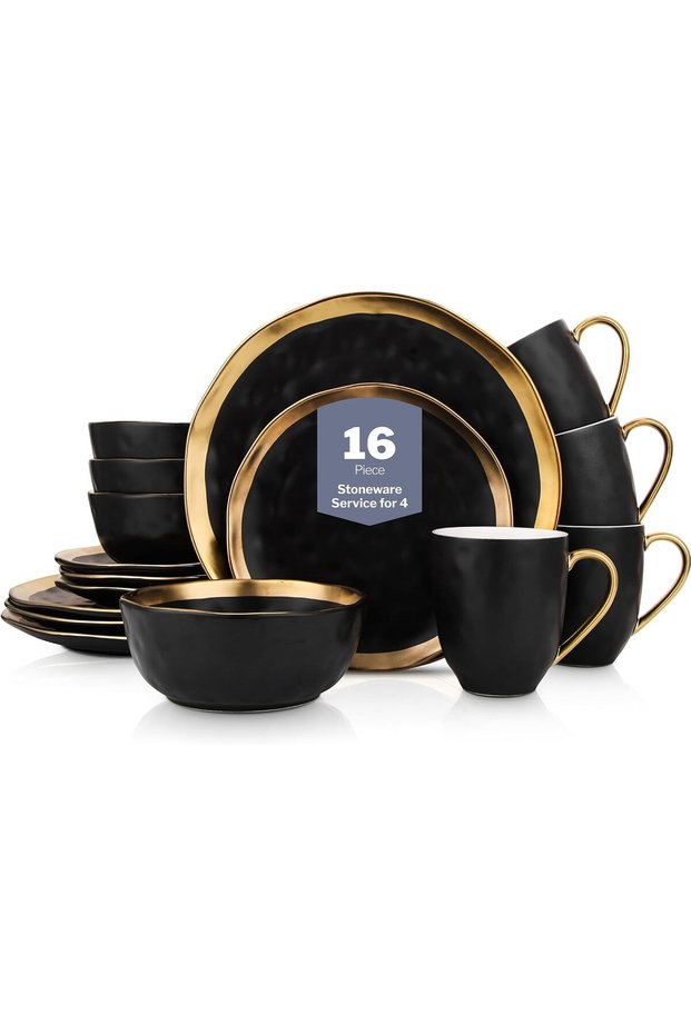 Stone Lain Florian Modern Porcelain 16 Piece Dinnerware Set, Plates and Bowls Set, Dish set for 4
