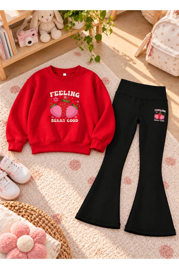 Girls' Flared Leggings Set with Crew Neck Printed Sweatshirt—3-Ply Brushed Inside Winter Cotton Set