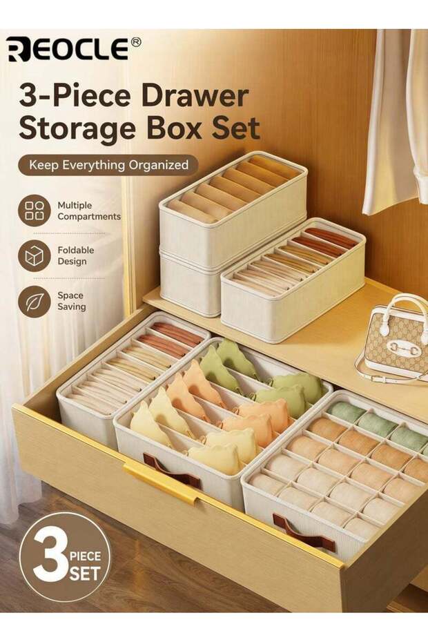 REOCLE 3pcs Foldable Drawer Organizer Stackable Fabric Storage Bin with Handles for Underwear Socks