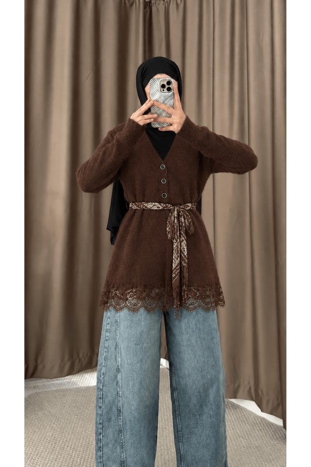 V-Neck Cardigan with Collar Detail - 8334 - Dark Brown (Pre-Order)