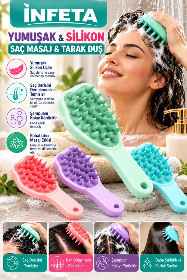 Scalp Massage Brush with Soft Silicone Bristles, Shower Shampoo Comb with Ergonomic Handle