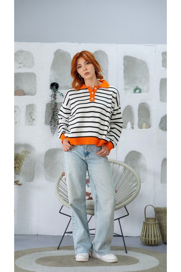 Women's Orange Polo Collar Black-and-White Striped Knit Sweater