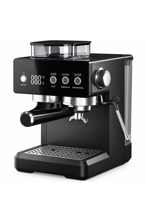 Espresso Coffee Machine with Built-in Coffee Grinder, 1.8L Water Tank, 150g Bean Hopper, Steam Wand for Milk Frothing, Removable Drip Tray, Digital Display, Espresso Maker for Home