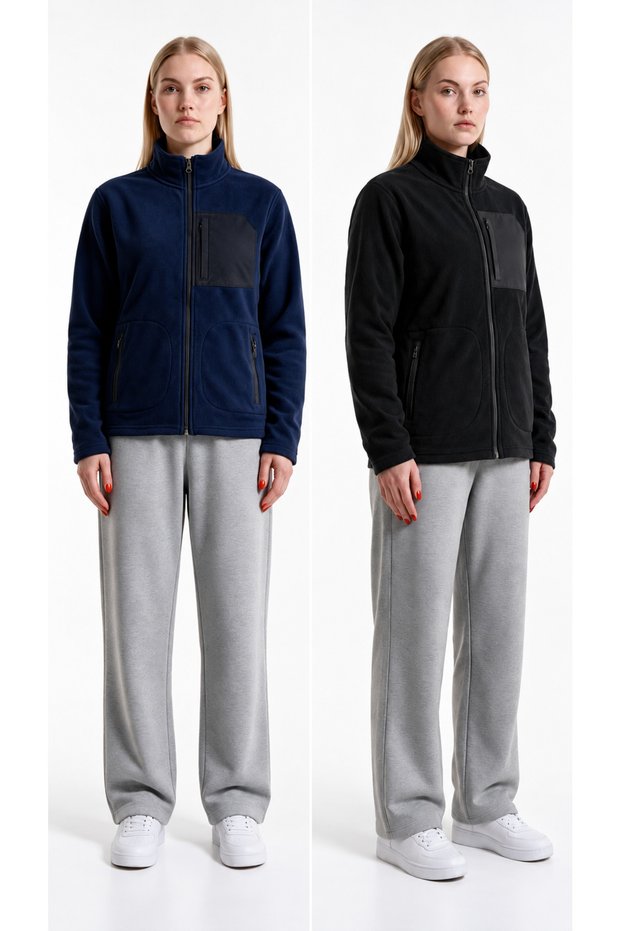 Women's Thick Outdoor Fleece-Lined Jacket with Zippered Front Pockets (2-Piece Set)