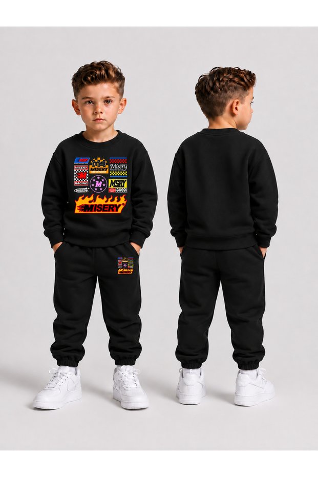 Children's Printed Winter Sweatsuit Top and Bottom Set: 3-Ply Brushed Inside Crew Neck Sweatshirt and Cotton Pants Set
