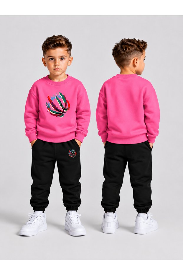 Children's Printed Winter Sweatsuit Top and Bottom Set: 3-Ply Brushed Inside Crew Neck Sweatshirt and Cotton Pants Set